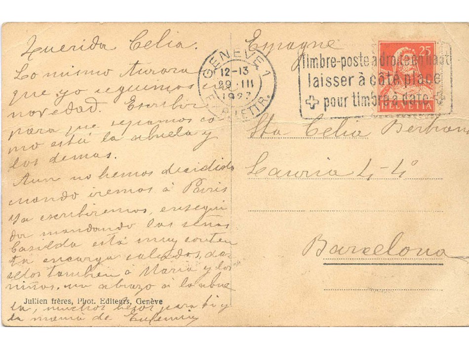 Postal d’Aurora Bertrana, escrita des de Ginebra el 29 de març de 1923, dirigida a la seva germana Cèlia. Fons Bertrana, Biblioteca de la Universitat de Girona.
